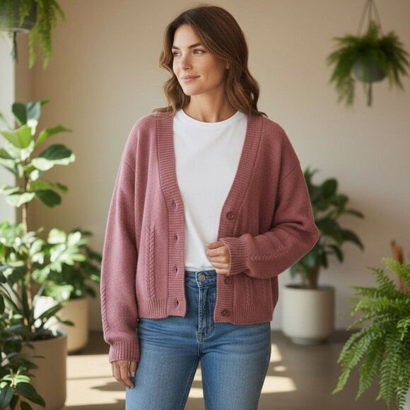 VTG Y2K OBR Lambswool Angora Blend Mauve Pink Cropped Boxy Cardigan Size Large L - Picture 1 of 10